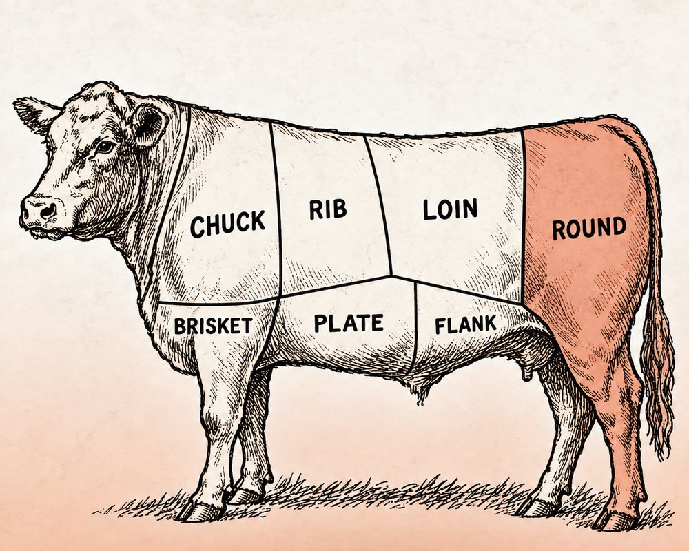 Butcher chart shading the 1/8 portion of the animal