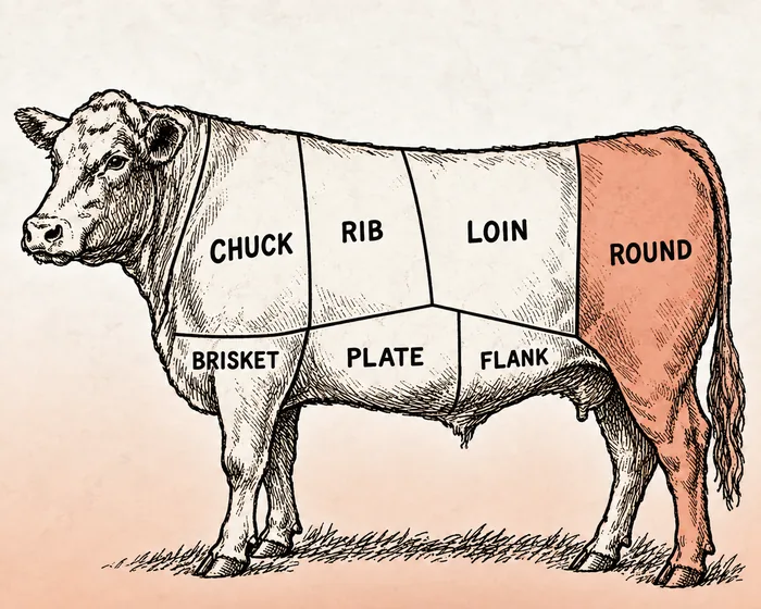 Beef cut diagram showing chuck, rib, loin, round, brisket, plate and flank, with the round shaded