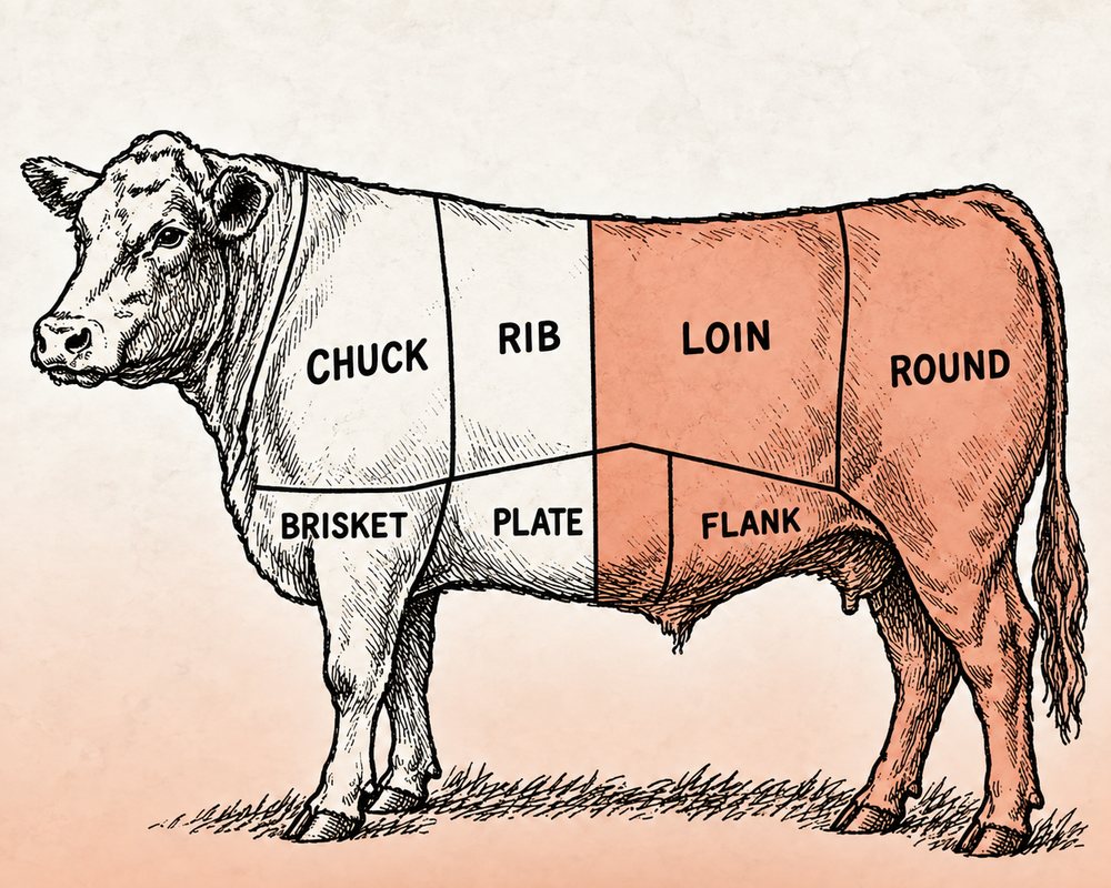 Butcher chart shading the 1/2 portion of the animal