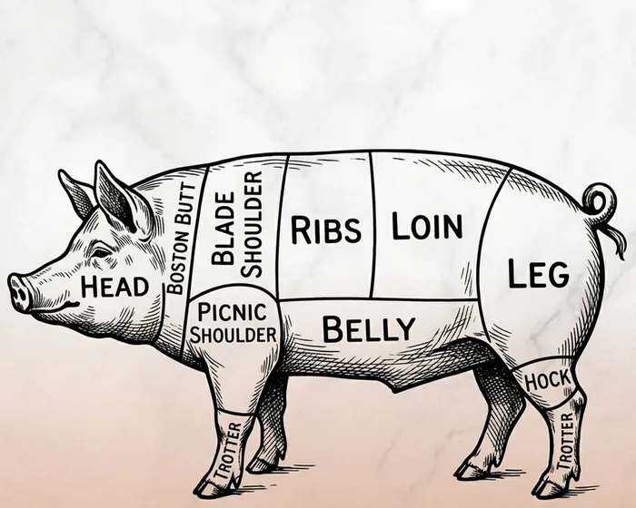 Pork cut diagram showing head, boston butt, blade shoulder, ribs, loin, leg, belly and hock