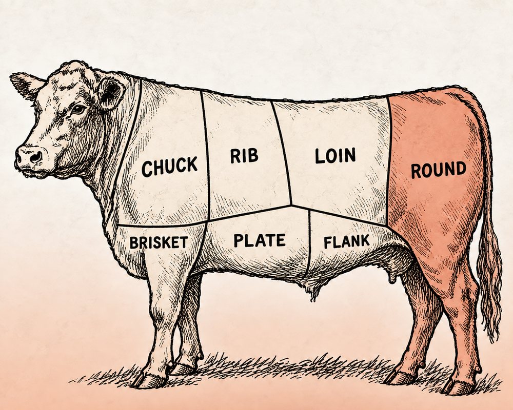 Butcher chart shading the 1/4 portion of the animal