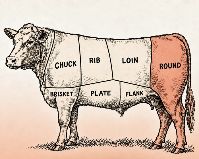 Beef cut diagram showing chuck, rib, loin, round, brisket, plate and flank, with the round shaded